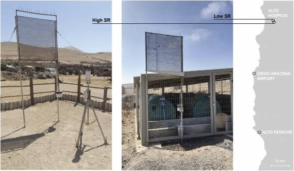 연구팀이 개발한 ‘안개 수집기’. 두 개의 기둥 사이에 그물망을 쳐놓은 비교적 간단한 장치이지만, 1㎡당 하루 최대 10ℓ의 안개수가 수집되는 등 물 부족 해결의 대안으로 눈길을 끈다. 칠레 마요르대 제공