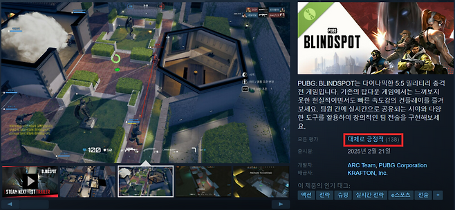 크래프톤 '블라인드스팟' 체험판 스팀 페이지. 빨간색 상자가 평가 등급(출처=스팀 '블라인드스팟' 페이지 화면 캡쳐).