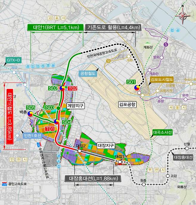 인천시가 구상하고 있는 계양테크노밸리 광역교통개선 대책안. 대장2역에서 T02까지가 대장·홍대선 연장안이고 S01부터 S05까지가 BRT 노선안이다. (자료 = 인천시 제공)