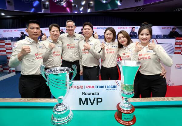 정규리그 1위로 파이널에 진출한 SK렌터카 선수들. PBA 제공