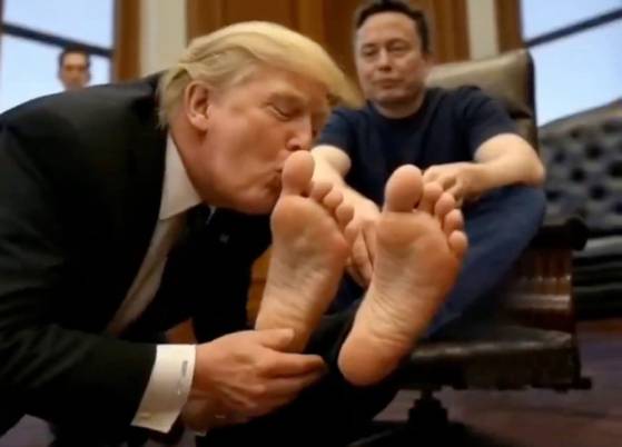 도널드 트럼프(왼쪽) 미국 대통령이 일론 머스크 테슬라 CEO의 맨발에 입을 맞추는 듯한 모습의 가짜 영상. 사진 SNS 캡처