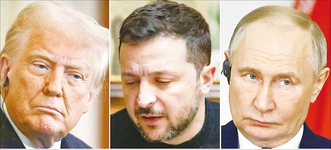 미국 주도로 러·우 전쟁 종전 협상이 이뤄지고 있다. 러시아는 미국의 제안을 흔쾌히 받아들이고 있지만, 우크라이나는 반발하는 분위기다. 그러나 미국 지원 없이 버틸 수 없는 우크라이나 입장에서는, 미국이 지원하지 않으면 더 이상 전쟁을 수행하기 어렵다. 사진 왼쪽부터 트럼프 미국 대통령, 젤렌스키 우크라이나 대통령, 푸틴 러시아 대통령. (AFP=연합뉴스)