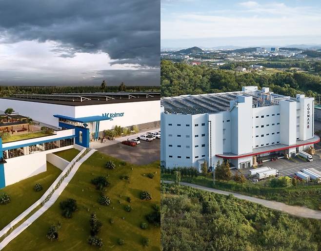 콜마 USA 제 2공장 전경(왼쪽)과 코스맥스 평택2공장 전경 /사진=각 사