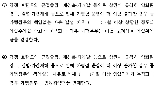 공정거래위원회의 편의점업 표준계약서 제 44조 위약금 면제 조항. 공정거래위원회 제공