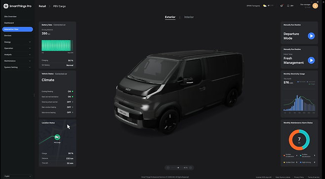 ‘2025 기아 EV 데이’ 행사장에 전시된 기아 PBV-삼성전자 스마트싱스 프로(SmartThingsPro) 기술 협업 관련 화면 [기아 제공]