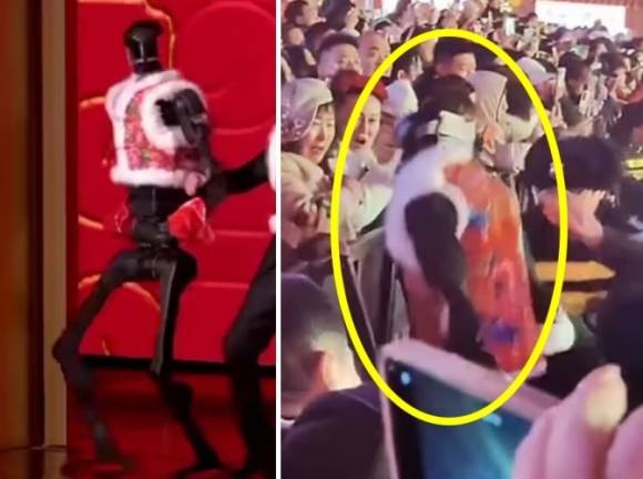 왼쪽은 지난달 29일 중국 공영방송 춘절(설) 특집 프로그램에 등장한 휴머노이드 로봇, 오른쪽은 지난 6일 춘절 축제장에서 관람객을 공격하는 같은 기종의 로봇. SNS 영상 캡처