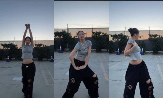 제니가 자신의 인스타그램에 첫 솔로 정규앨범 ‘루비’의 챌린지 영상을 공개했다. 제니가 입고 나온 바지는 트리밍버드의 ‘스크래치 대미지 와이드 스웨트 데님 팬츠’다. (사진=제니 인스타그램 캡쳐)