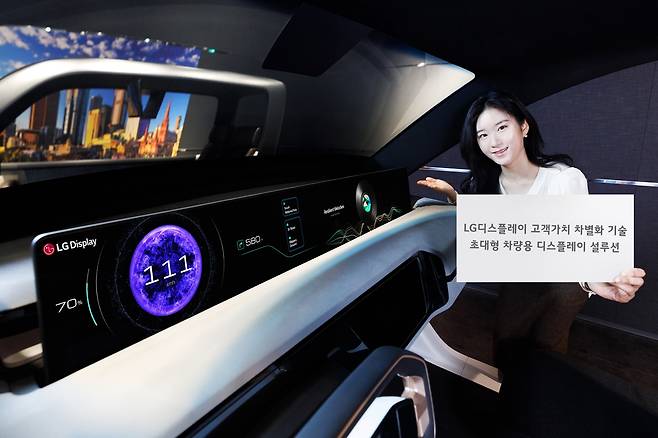 LG디스플레이 임직원이 초대형 차량용 디스플레이 설루션 '필러투필러(Pilar to pilar, P2P)'를 소개하고 있다./사진=LG디스플레이