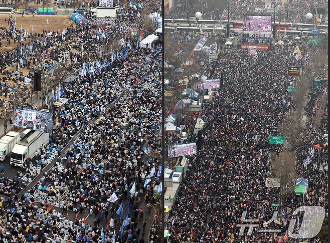 3·1절인 1일 서울 도심 곳곳에서 윤석열 대통령 탄핵 찬반 집회가 열렸다. 사진 왼쪽은 종로구 안국동에서 열린 야5당 공동 '윤석열 파면 촉구 범국민대회'. 오른쪽은 광화문광장 일대에서 열린 '자유통일을 위한 국민대회'. 2025.3.1/뉴스1 ⓒ News1 황기선 기자,이승배 기자