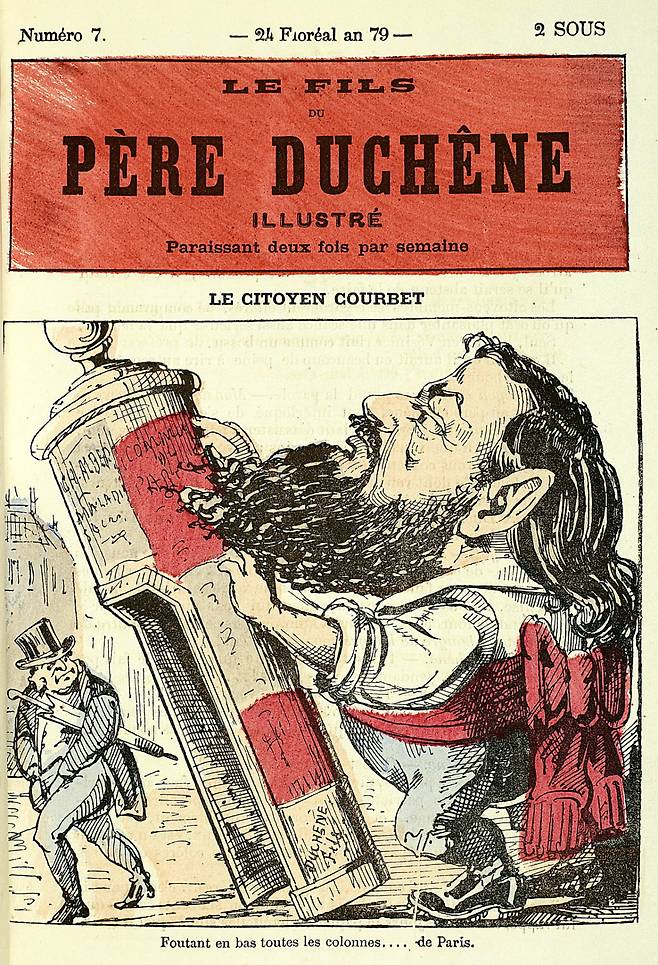 방돔 기둥을 무너뜨리는 쿠르베를 그린 당시 신문의 풍자화.
