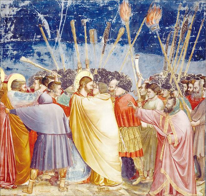 ‘그리스도의 체포’ ‘그리스도의 생애 그림 31’, 지토(1267~1337년), 프레스코, 200cm x 185cm, 1304년, 이탈리아 파두아 스크로베니 예배당. (왼편에 베드로가 칼로 로마병정의 귀를 자르고 있다.)