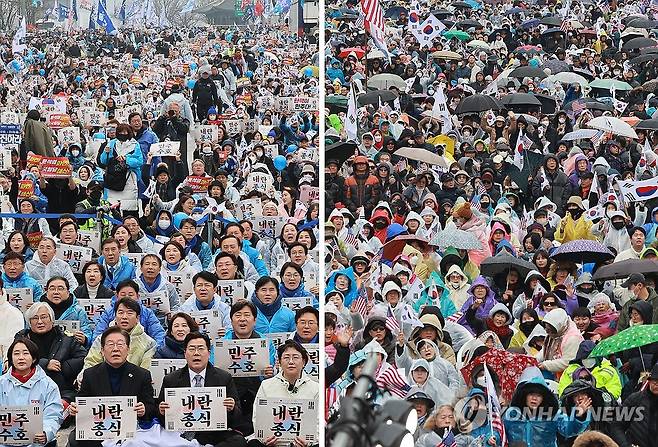 삼일절, 탄핵 찬반 집회 (서울=연합뉴스) 이정훈 신현우 기자 = 삼일절인 1일 서울 곳곳에서 윤석열 대통령 탄핵 찬반 집회가 열리고 있다.
    왼쪽은 안국동 야 5당 공동 파면 촉구 범국민대회. 오른쪽은 세종대로 대한민국바로세우기국민운동본부 탄핵 반대 집회. 2025.3.1 photo@yna.co.kr