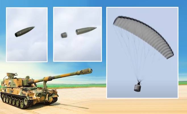 포병 관측반의 임무를 수행하는 155mm 관측포탄은 고폭탄과 같은 크기로 내부에 카메라가 달린 작은 탄이 들어 있다. 적의 표적지 인근 상공 고도 약 600에서 900m 사이에서 낙하산을 펼치고 강하하면서 표적을 탐지하고 영상을 실시간으로 아군 지휘소에 전송해 우리 군 포병전력의 정확한 화력 투사를 유도한다. 풍산·한화디펜스 제공