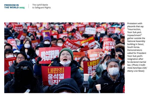 ▲국제 비영리 인권단체 프리덤하우스 '2025 세계자유지수' 보고서 중 한국 관련 대목 일부 갈무리