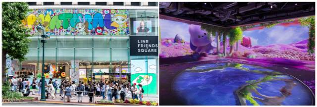 (왼쪽)지난해 6월 '라인프렌즈스퀘어 시부야'에서 열린 뉴진스 '수퍼내추럴 팝업'에 입장하려고 줄 서 있는 일본 현지 팬들과 미디어 체험공간. IPX 제공