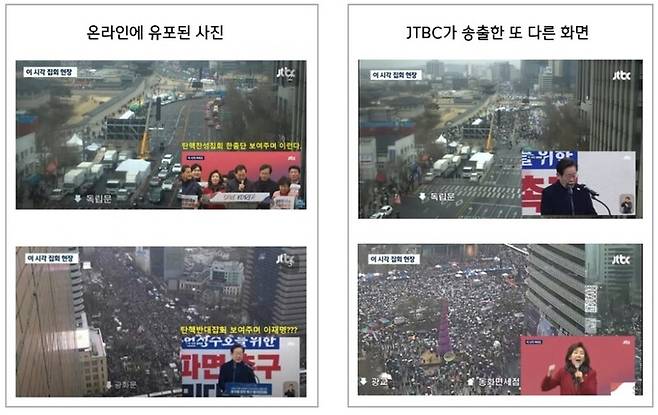 ▲온라인에서 유포되고 있는 JTBC 방송화면(왼쪽)과 JTBC의 다른 방송화면(오른쪽). 이재명 대표 연설 중 탄핵찬성 집회 장면이 배경으로 쓰이고, 나경원 국민의힘 의원 연설 중 탄핵반대 집회 장면이 배경으로 쓰이고 있다. 사진=JTBC