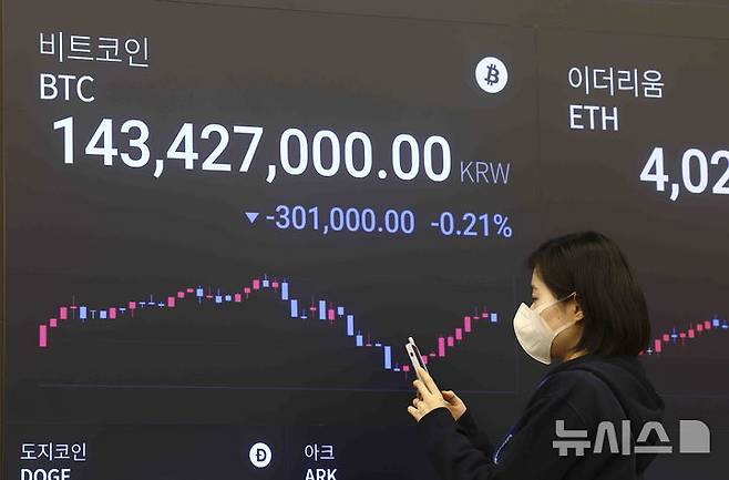 [서울=뉴시스] 김근수 기자 = 19일 서울 강남구 업비트 고객센터 전광판에 가상화폐 비트코인 시세가 나오고 있다. 2025.02.19. ks@newsis.com