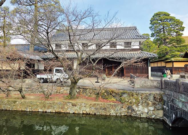 개천가 수양버들 뒤로 보이는 오하라 가문 저택. 금학포란형 명당 터다. [안영배 제공]