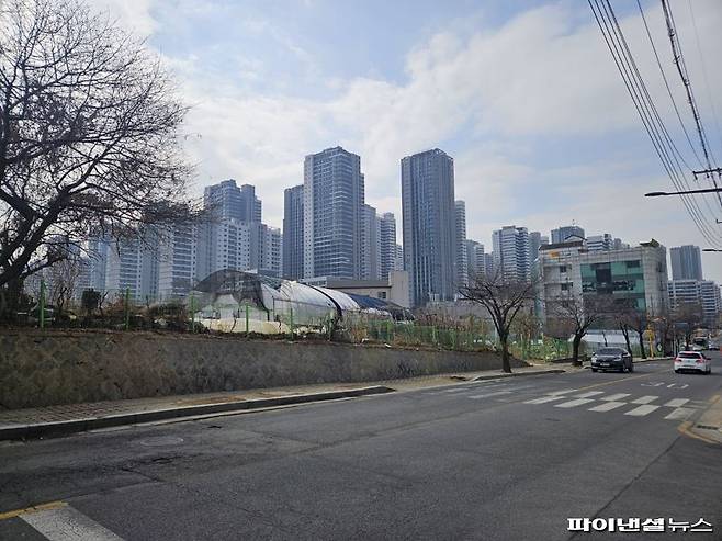 강동구 개발제한구역 뒤로 둔촌주공아파트를 재건축 한 올림픽파크포레온 단지가 보인다. 사진=최가영 기자