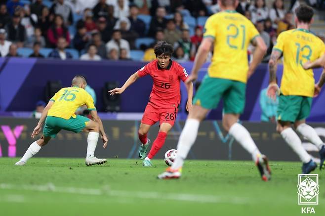 지난해 2월 호주와의 2023 아시아축구연맹(AFC) 아시안컵 8강에 출전한 양현준. 사진=대한축구협회