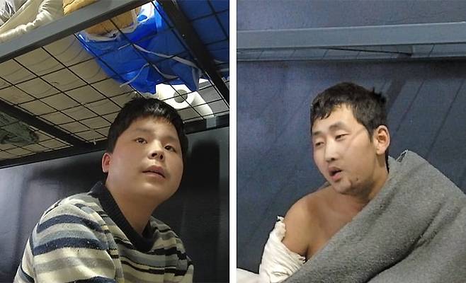 러시아 쿠르스크 지역에 파병됐다가 우크라이나군에 생포된 북한군 포로 백모(왼쪽)씨와 리모씨가 최근 우크라이나의 한 포로수용소에서 본지와 인터뷰하고 있는 모습. /정철환 특파원