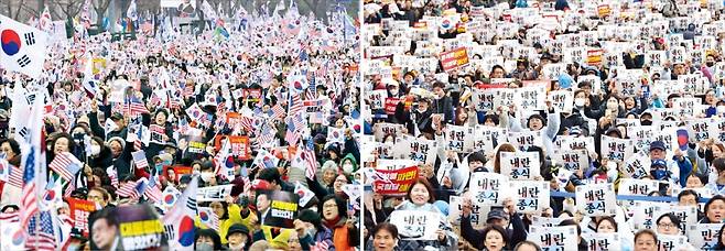 삼일절인 지난 1일 서울 종로구 일대에선 대통령 탄핵 찬반 집회가 동시에 열렸다. 탄핵 반대 집회가 열린 광화문광장에서 윤석열 대통령 지지자들이 태극기와 성조기를 흔들며 탄핵 기각을 촉구하고 있다(왼쪽 사진). 헌법재판소 인근 안국동 사거리에선 탄핵 찬성 집회 참가자들이 ‘내란 종식’ 등 구호가 적힌 팻말을 들고 윤 대통령 파면을 요구했다.  / 사진=최혁 기자