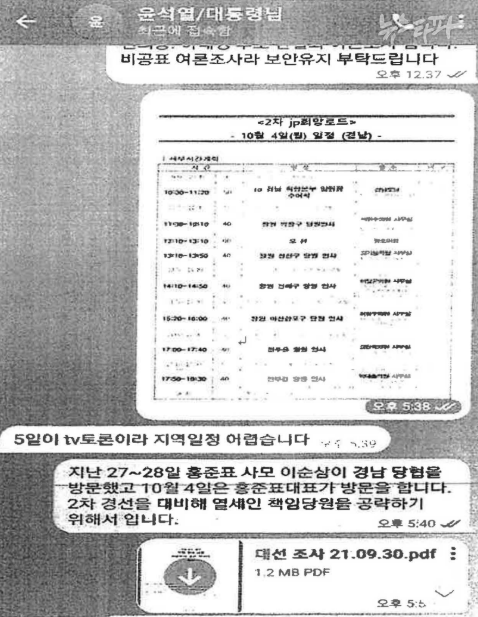 ▲2021년 9월 30일. 윤 대통령은 이날 오후, 텔레그램을 통해 명 씨로부터 여론조사, 400만 원 상당(‘미래한국연구소’ 비용 집계표 기준)을 제공받았다.