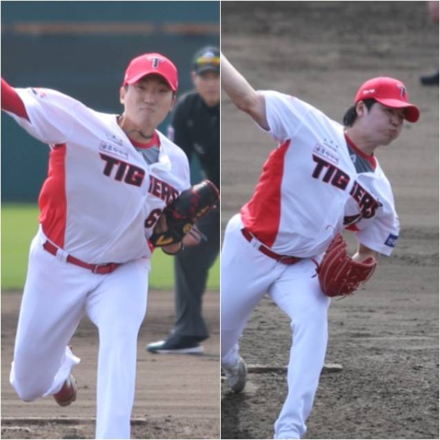 스프링캠프에서 5선발 테스트를 받은 김도현(왼쪽)과 황동하. KIA 제공