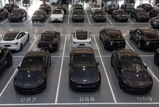 지난달 중국 베이징의 한 테슬라 배송 센터에 주차 중인 테슬라 차량들. 테슬라는 현지에서 새 모델Y의 배송을 시작했다. /EPA
