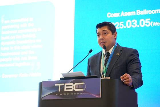Fernando Garcia, executive vice president of International Trade and Investment at the Arizona Commerce Authority, talks during a conference at the InterBattery 2025 held at Coex, southern Seoul, on March 5. [KOREA BATTERY INDUSTRY ASSOCIATION]