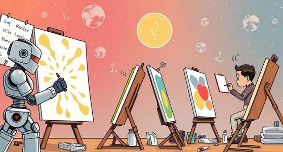 An image created by generative AI program Deep AI with the prompt, "A cartoon strip of panels, robot painters and human painters competing" [DEEP AI]