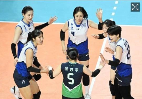 득점 후 기뻐하는 현대건설 선수들