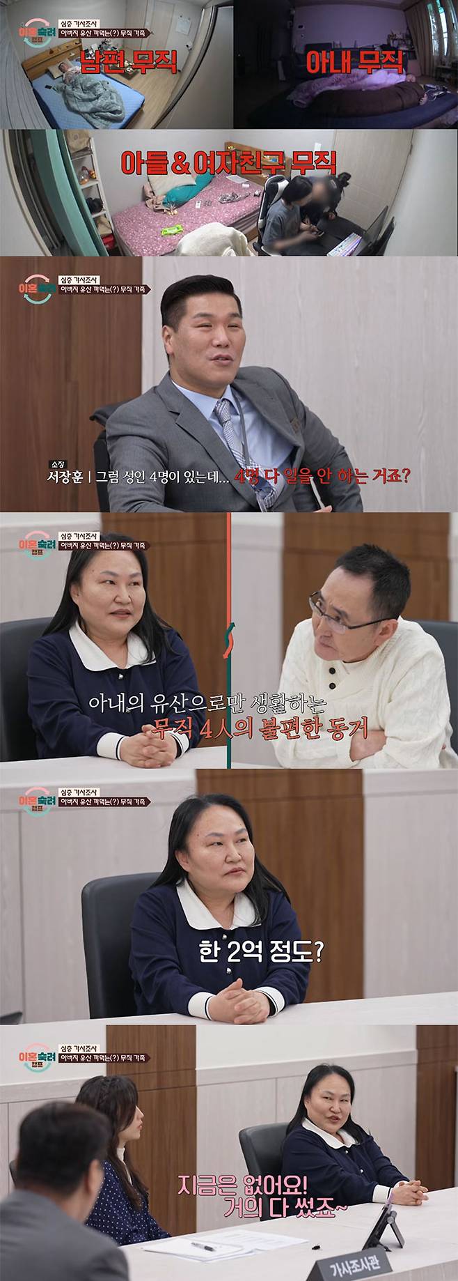 온가족이 직업 없이 '캥거루 부부' 아내가 물려받은 유산으로 생활하는 모습이 그려졌다. /사진=JTBC '이혼숙려캠프' 방송 화면