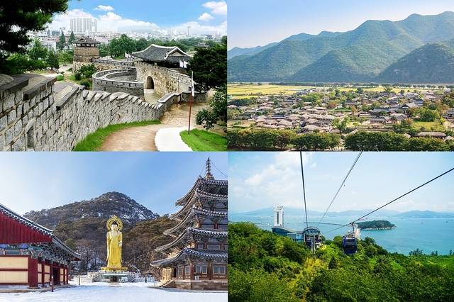 (왼쪽 위 부터 시계방향으로) 경기 수원화성, 경북 안동 하회마을, 전남 여수 해상 케이블카, 충북 보은 법주사. 이미지투데이