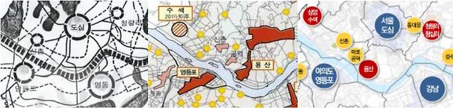 서울시가 10~20년 후를 전망해 수립하는 서울도시기본계획을 보면, 신촌의 위락은 이미 1990년대에 추락했다. 1990년 세운 기본계획에서 신촌은 부도심급이었지만, 1997년 세운 기본계획에선 수색에 그 자리를 내주고, 그 아래 위계로 내려온다. 사진 왼쪽부터 기본계획 2000, 기본계획 2011, 기본계획 2040.