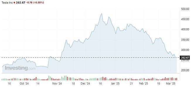 7일(현지시간) 기준 뉴욕증권거래소(NYSE)에서의 테슬라 주가 추이 /사진=인베스팅닷컴