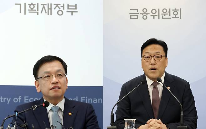 최상목(왼쪽) 대통령 권한대행 부총리 겸 기획재정부 장관과 김병환 금융위원장. 두 사람은 옛 재정경제부 금융정책국(금정국) 출신 선·후배 사이다. /뉴스1