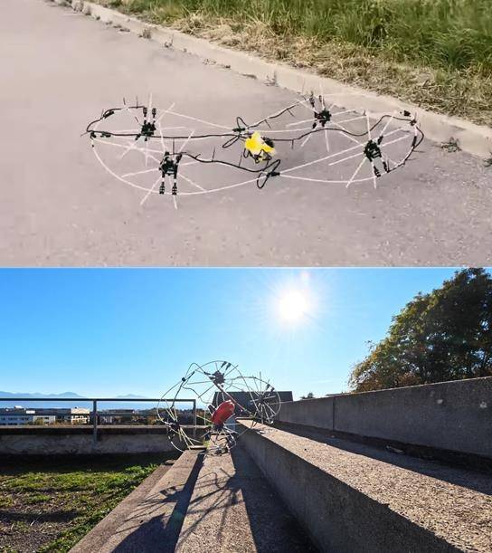 스위스 로잔연방공대(EPFL) 연구진이 개발한 로봇. 평지에서는 몸통을 납작하게 만들어 바퀴를 돌려 이동하고(위 사진), 계단에서는 공 모양으로 몸통을 바꿔 쉽게 아래 방향으로 내려온다. EPFL 제공