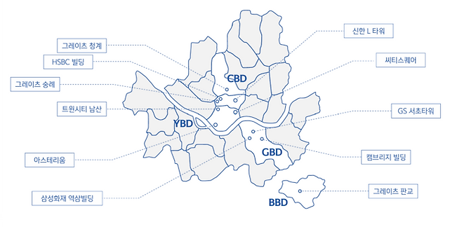 신한알파리츠가 편입한 오피스 자산 위치[사진 출처=신한알파리츠]