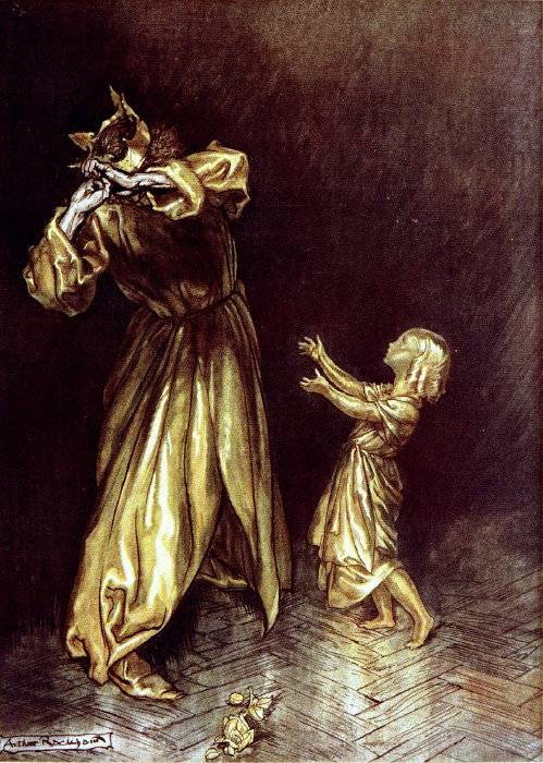 자신의 딸에게 손을 대 황금상으로 바꿔버린 미다스. [Arthur Rackham]