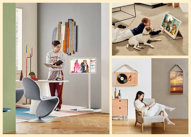 무빙휠 스탠드와 전용 액세서리를 활용해 LG 스탠바이미 2를 다양한 형태로 사용하는 모습. (사진=LG전자)