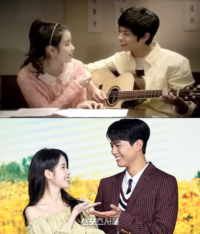 아이유-박보검. ‘농심’ 유튜브 채널(위), ‘폭삭 속았수다’ 제작발표회-박진업 기자(아래)