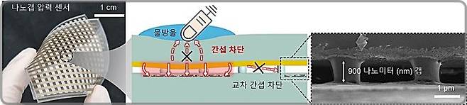 [대전=뉴시스] KAIST가 개발한 나노 갭 압력센서. 가운데 사진은 나노 갭 설계로 인해 프린지 필드가 억제돼 외부 간섭을 효과적으로 차단하는 모식도. 오른쪽은 실제로 제작된 나노갭 압력 센서의 전자 현미경 사진.(사진=KAIST 제공) *재판매 및 DB 금지