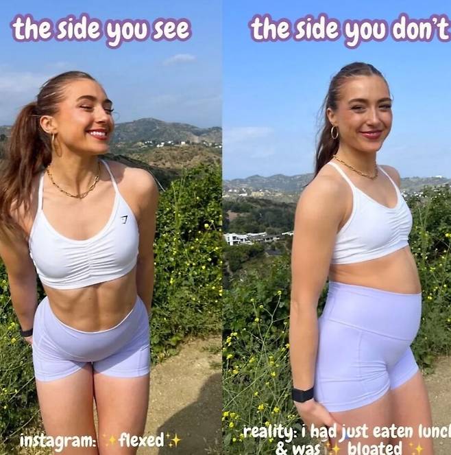 올리비아 네빌이 수영복을 입고 자세를 취한 후(왼) 전(오) 모습/사진=올리비아 네빌 인스타그램 캡처