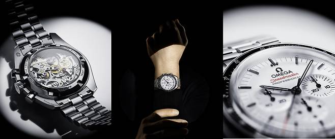 수동 무브먼트의 아름다운 모습을 백케이스로 감상할 수 있다. 화이트 다이얼은 문워치 라인업에서 보기 드물다. 사진 오메가