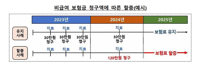 비급여 보험금 청구 시기와 금액에 따른 할증 예시/자료=금융감독원