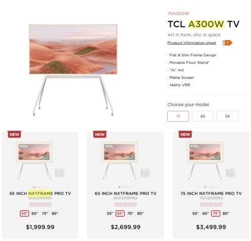 TCL 라이프스타일 TV 'NXTFRAME' (서울=연합뉴스) TCL이 독일 소송에서 패소 후 삼성 더 프레임 TV를 모방한 제품 'NXTFRAME'의 상품명을 독일 홈페이지(위)와 미국 홈페이지(아래)에 다르게 표기해 판매 중이다. 2025.3.11 [TCL 홈페이지 캡처. 재판매 및 DB 금지]