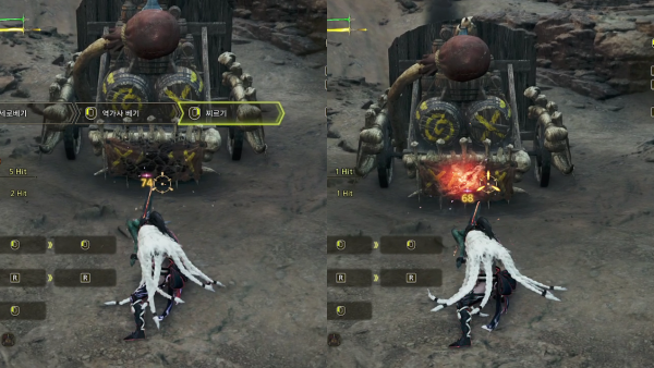 - 슈퍼 회심 4레벨(좌)과 슈퍼 회심을 챙기지 않았을 때 회심 대미지 차이