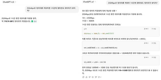 좌측이 GPT-4.5 결과, 우측이 o1 결과다. o1쪽이 더 상세하게 구체적인 결과 도출 과정을 설명해준다 / 출처=IT동아