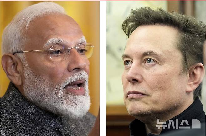 [워싱턴=AP/뉴시스] 인도 통신업체 '바르티 에어텔'(Bharti Airtel)은 일론 머스크의 위성 인터넷 기업 스타링크와 인도 서비스 제공을 모색하는 계약을 체결했다고 11일(현지 시간) 밝혔다. 사진은 나렌드라 모디 인도 총리(왼쪽)와 일론 머스크(오른쪽). 2025.3.12